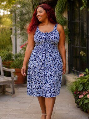 MyStyle Blue Floral Smocked Sundress Cottagecore Midi Dress
